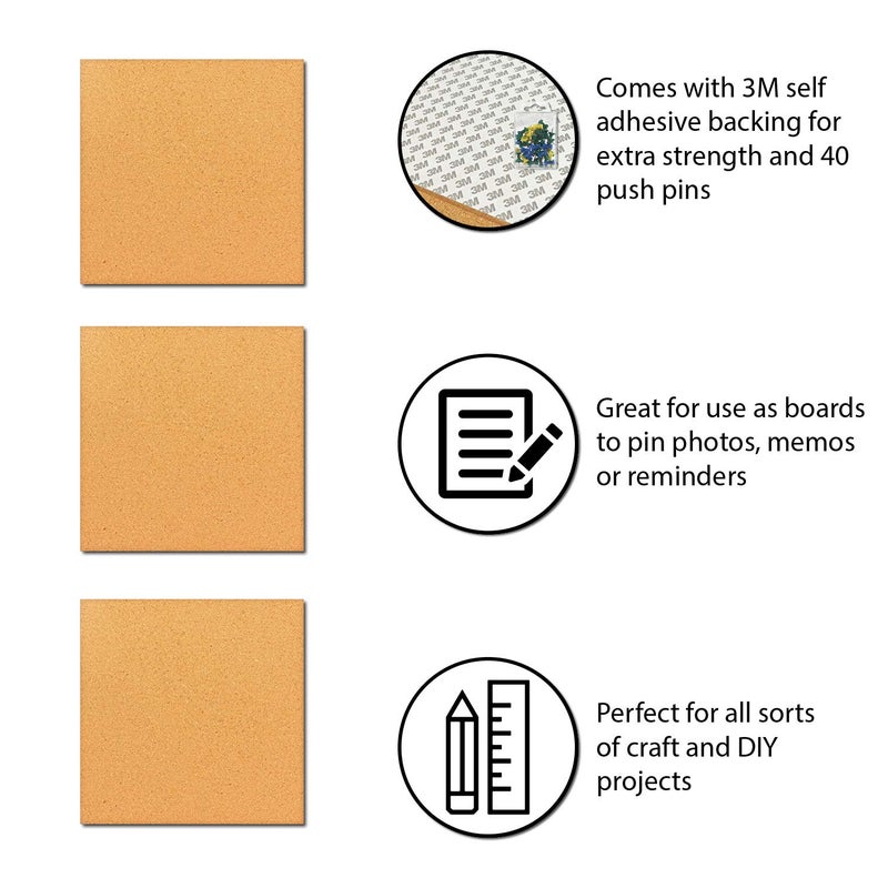 Millennial Essentials 12 x 12 Inch Square Cork Board Tiles with Self Adhesive Backing, 1/2 Inch Thick, Mini Wall Bulletin Boards for Notes, Photos, 2 Pack with 40 Push Pins (Cork (2 Pack)) - Image 3